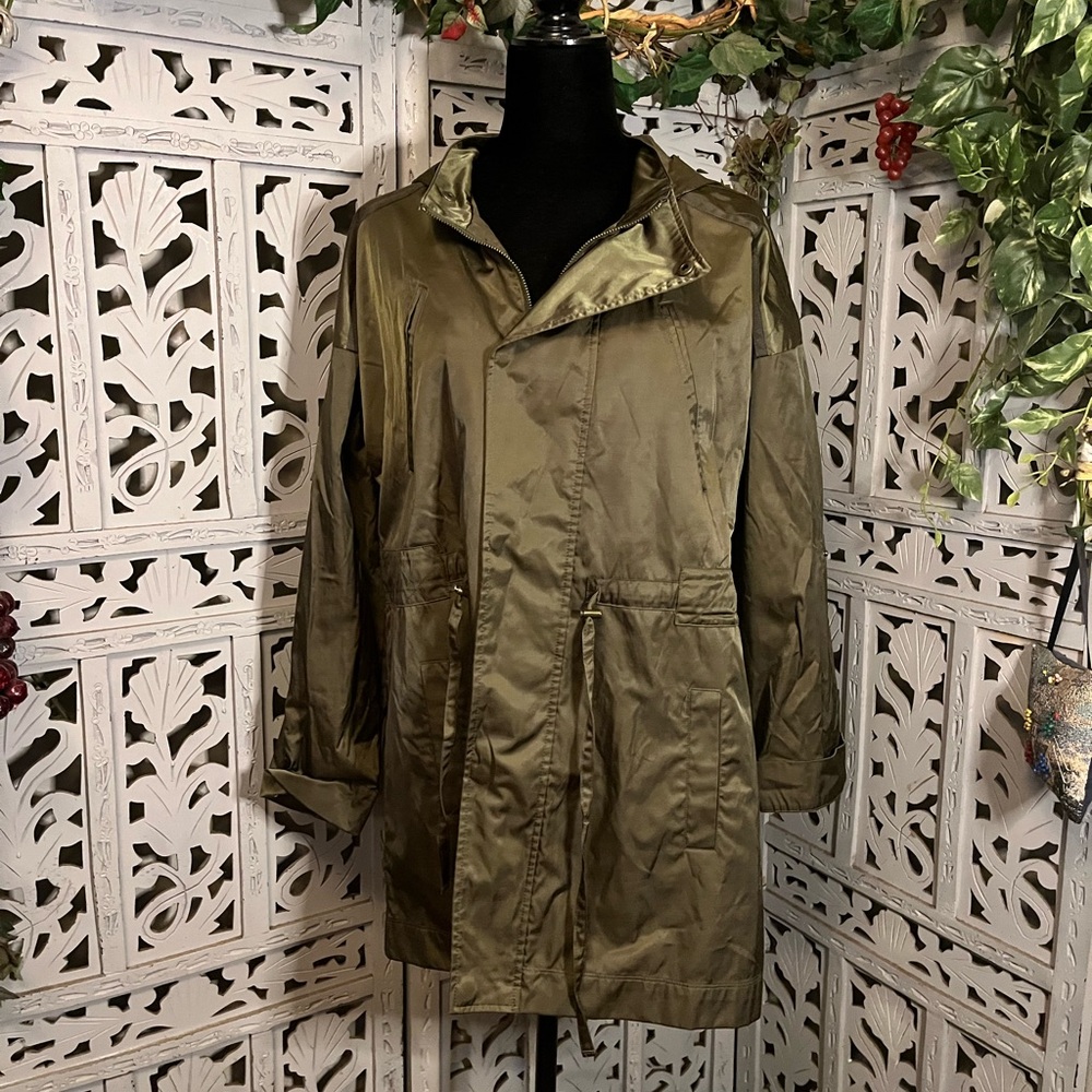 DANA BUCHMAN DARK PEA GREEN SHINY & SLEEK WATERPROOF HOODED ANORACK JACKET COAT